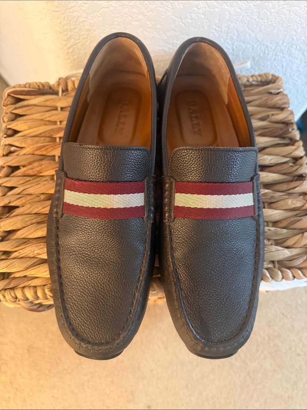 Bally Brown Leather Loafers with Red and White Webbing